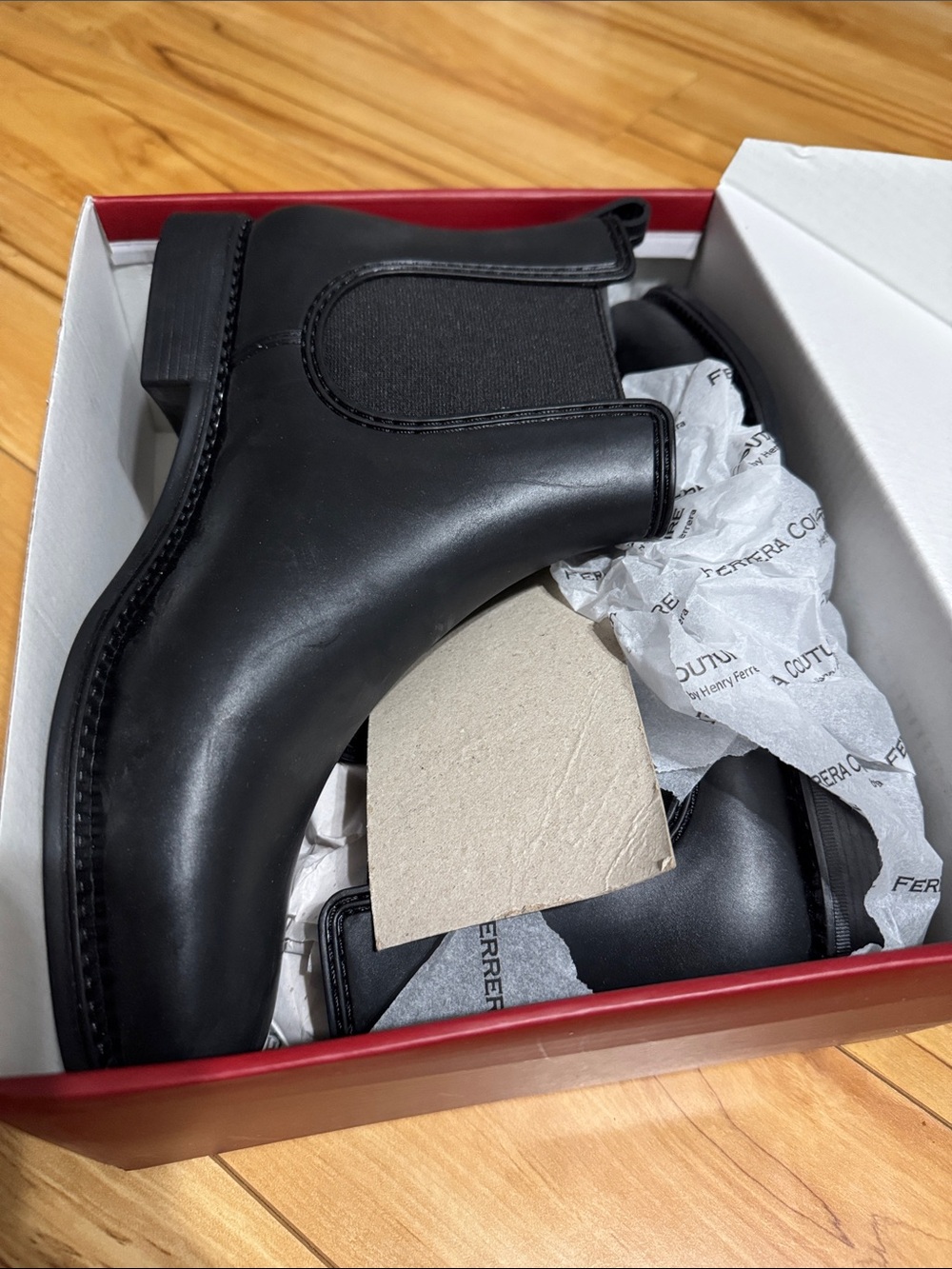 Womens rubber Black Boots - Smooth Leather Slip-On